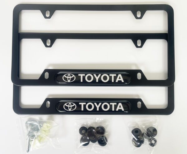 Toyota License Plate Frame for USA โ Aluminum Metal Fit Tacoma Corolla Camry RAV4 4Runner Tundra โ No State Name Blocking โ Includes Screws & Covers โ Black Sleek Design