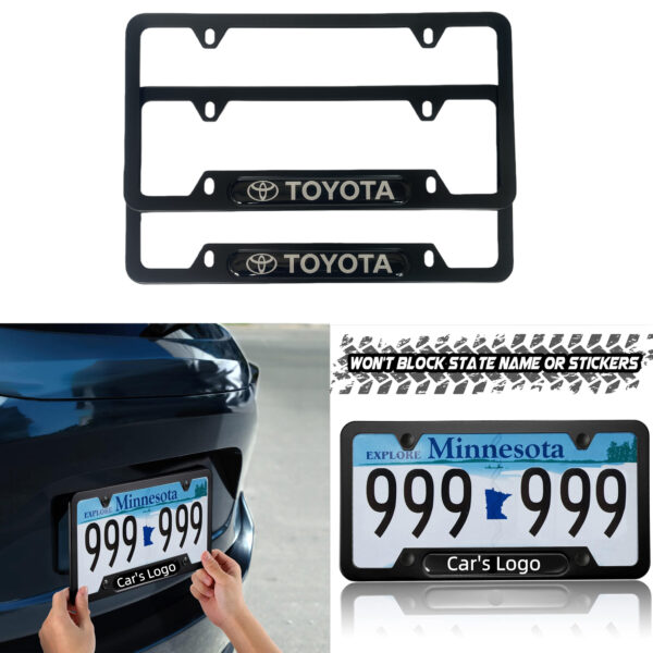Toyota License Plate Frame for USA – Aluminum Metal Fit Tacoma Corolla Camry RAV4 4Runner Tundra – No State Name Blocking – Includes Screws & Covers – Black Sleek Design