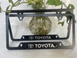 Toyota License Plate Frame for USA – Aluminum Metal Fit Tacoma Corolla Camry RAV4 4Runner Tundra – No State Name Blocking – Includes Screws & Covers – Black Sleek Design
