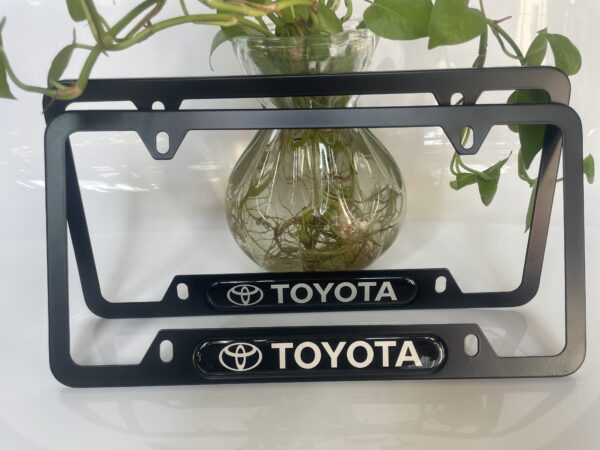 Toyota License Plate Frame for USA – Aluminum Metal Fit Tacoma Corolla Camry RAV4 4Runner Tundra – No State Name Blocking – Includes Screws & Covers – Black Sleek Design